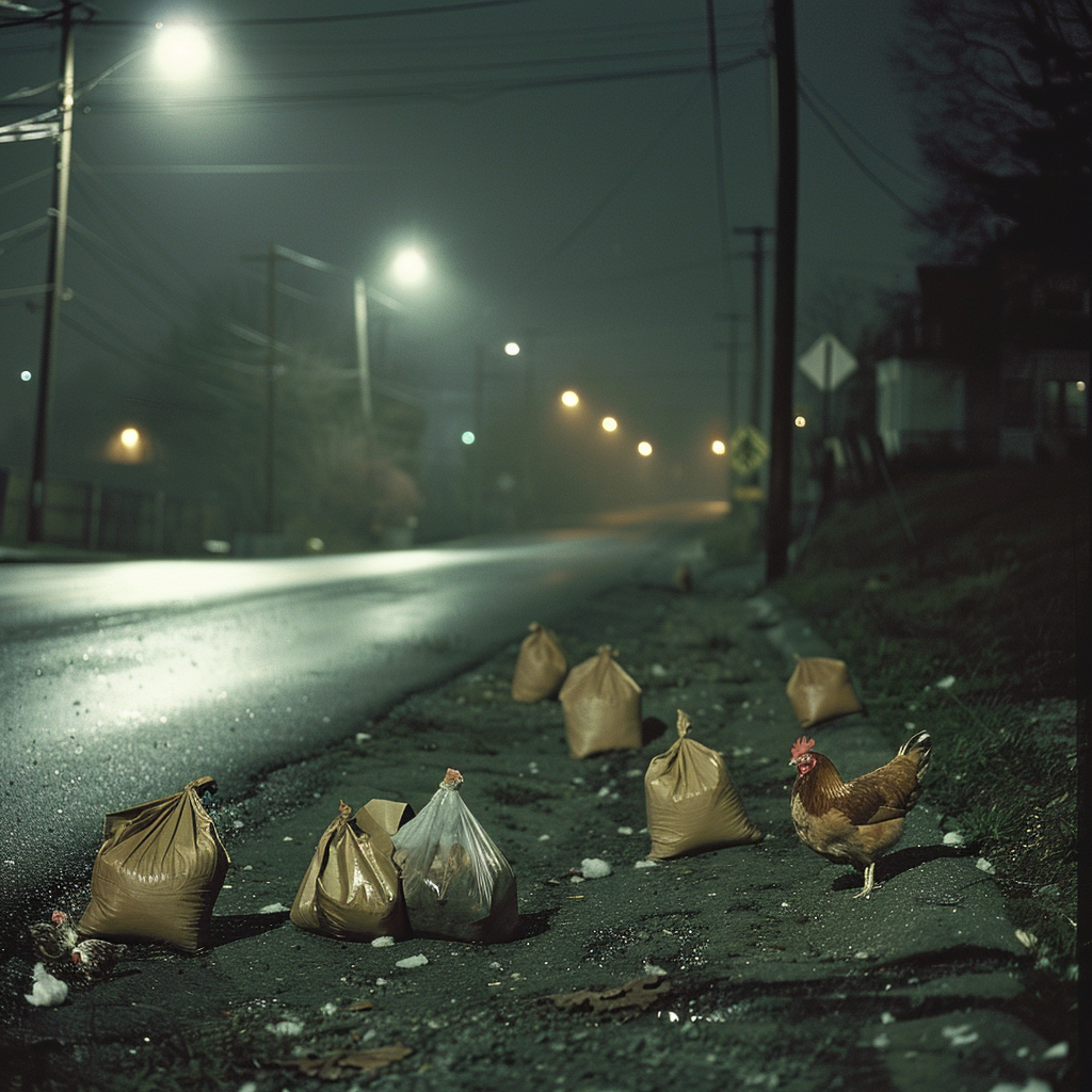 Mysterious Night: Empty road, glowing streetlights, hen companions