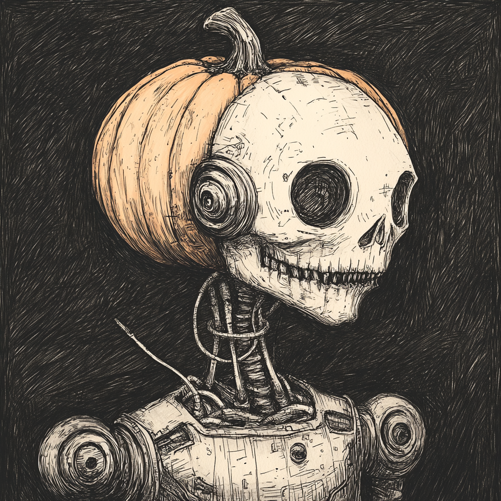 Mysterious Pumpkin-Headed Robot: A Gothic Illustration