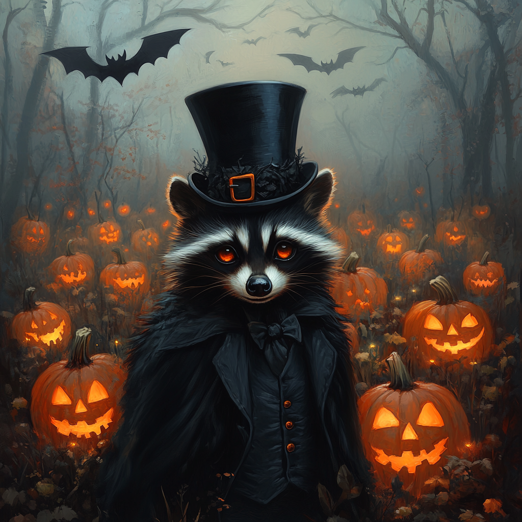 Mysterious Raccoon in Spooky Pumpkin Forest