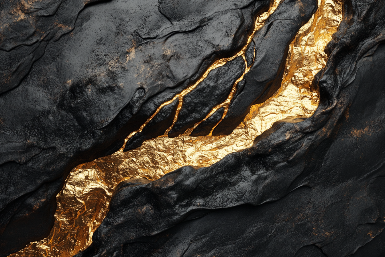 Mysterious River of Golden Metal on Dark Rocks