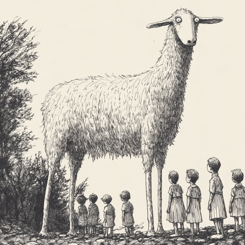 Mysterious Sheep Creature Among Curious Children.