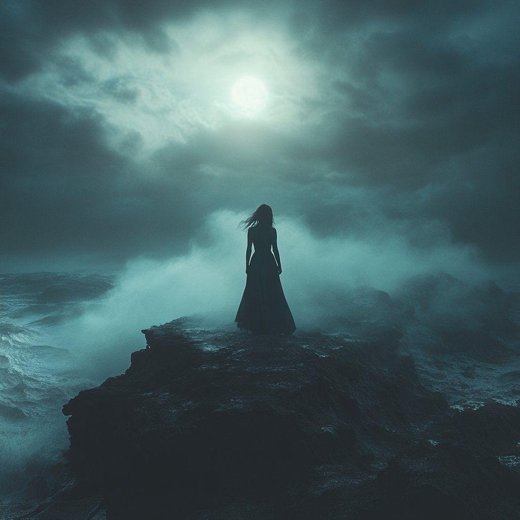 Mysterious Singer on Cliff Under Moonlit Sky