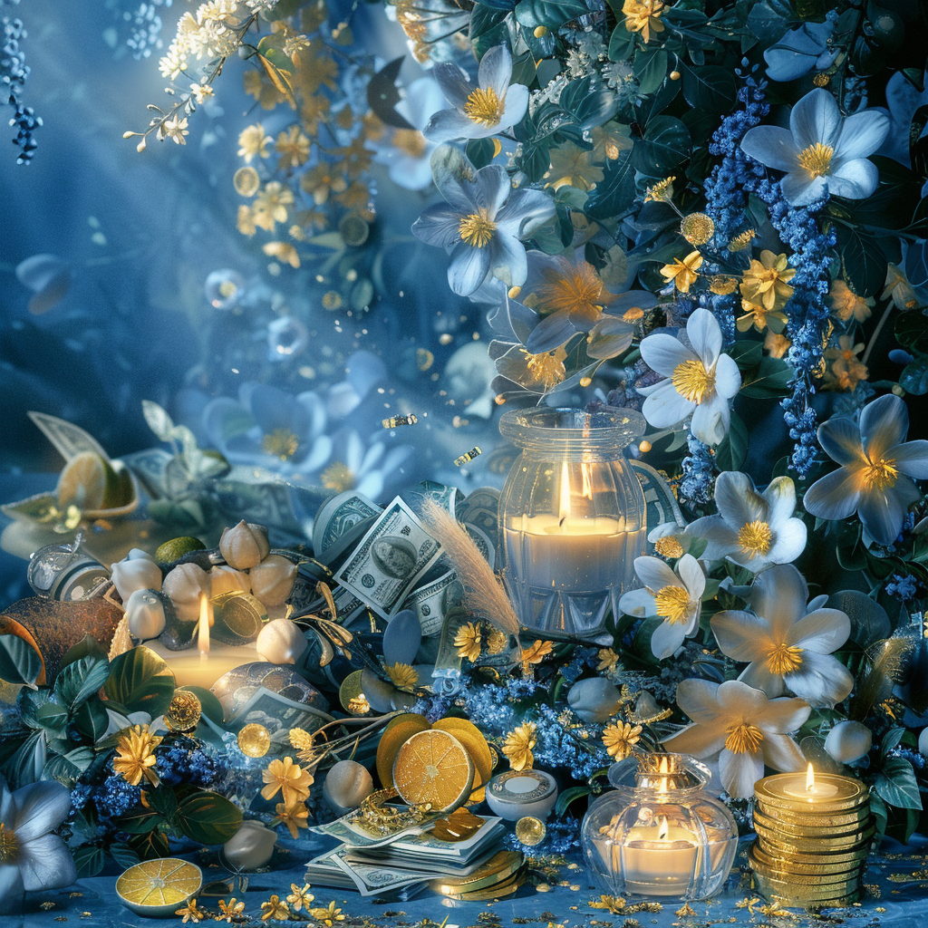 Mysterious Starlet Background with Mediterranean Citrus, Licorice Flowers, Cash Money & Gold