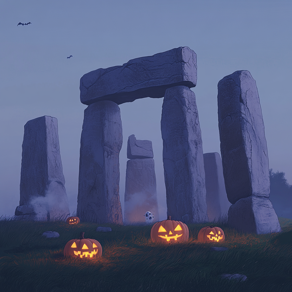 Mysterious Stonehenge with Carved Pumpkins and Ghostly Figures