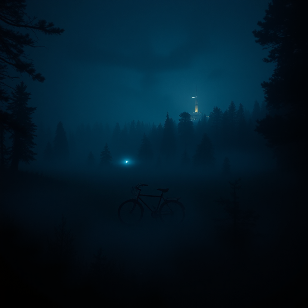 Mysterious Stranger Things forest landscape at night.