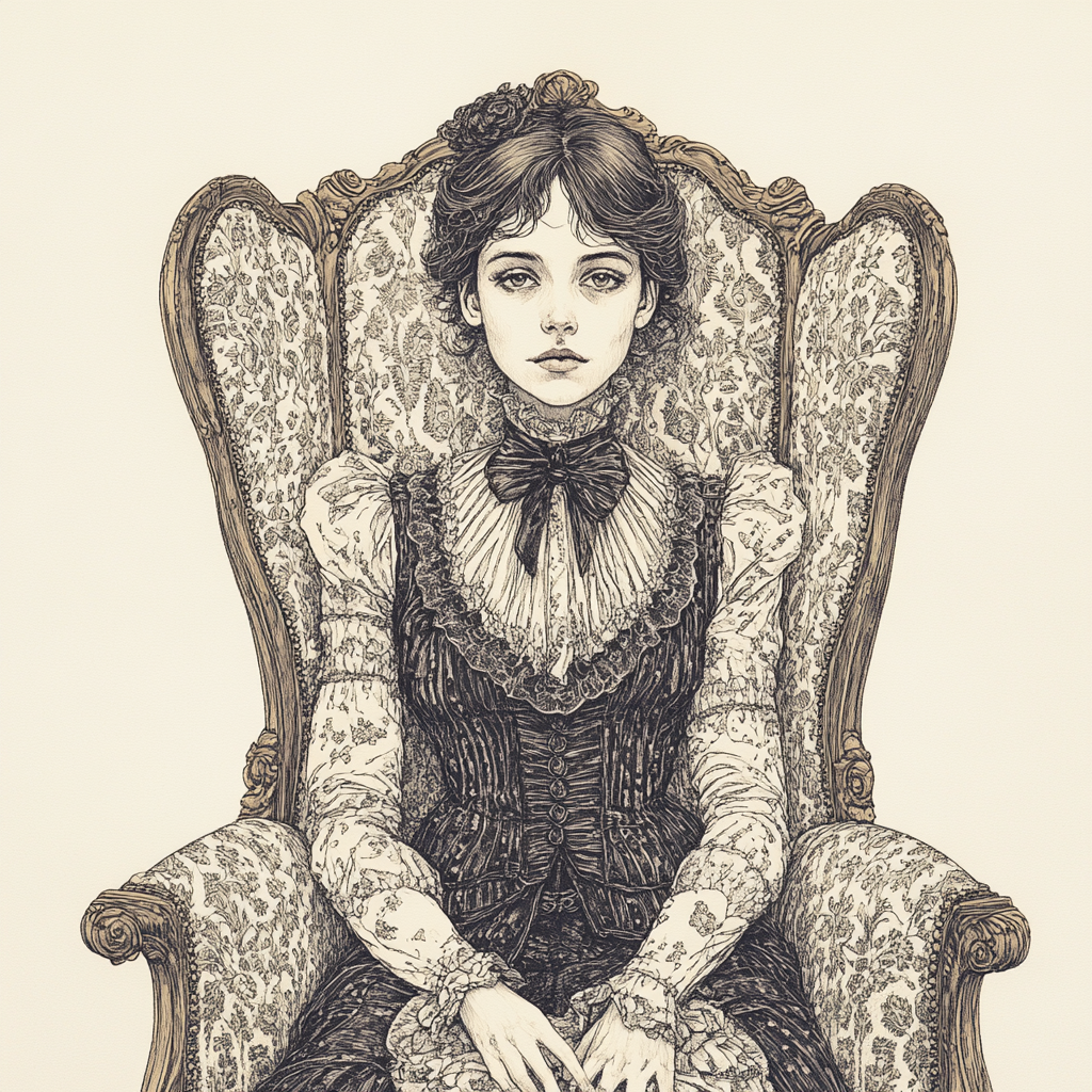 Mysterious Victorian Woman in Ornate Armchair