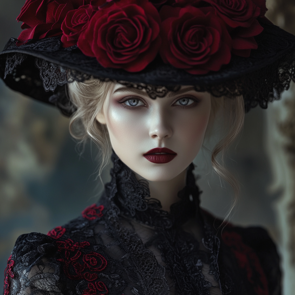 Mysterious Victorian lady in red and black lace.