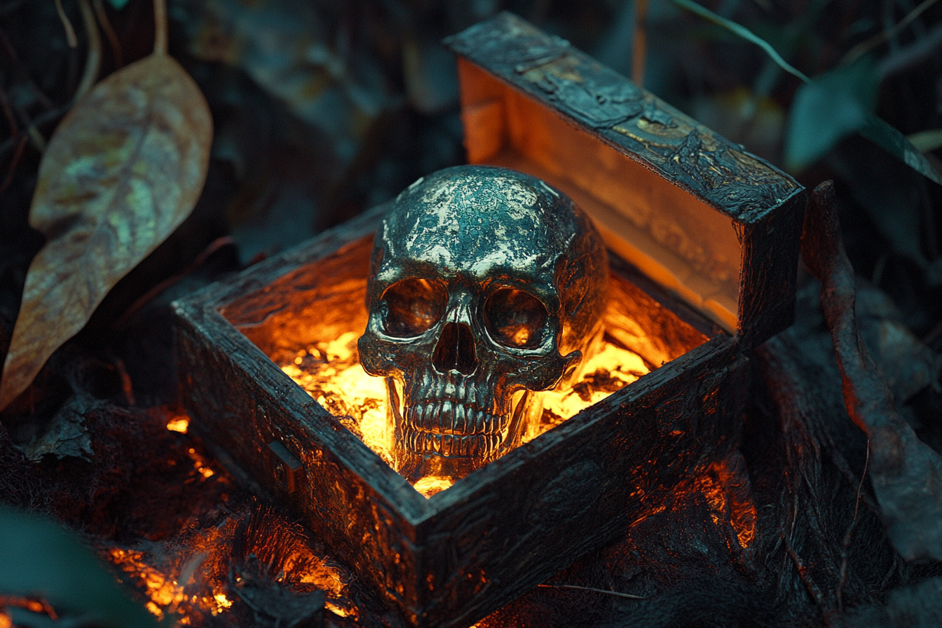 Mysterious box with forest sounds, enchanting skull in light.