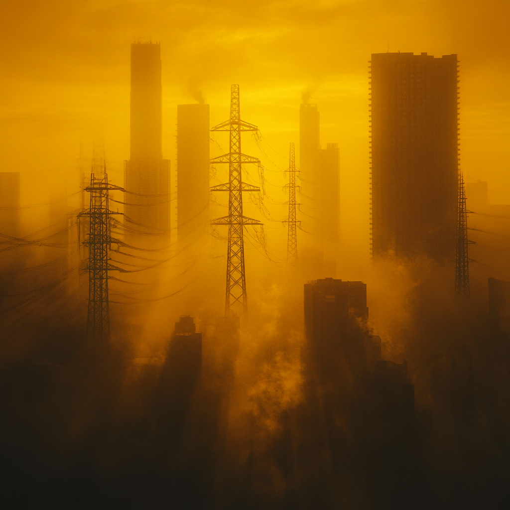 Mysterious cityscape with high-voltage towers in fog