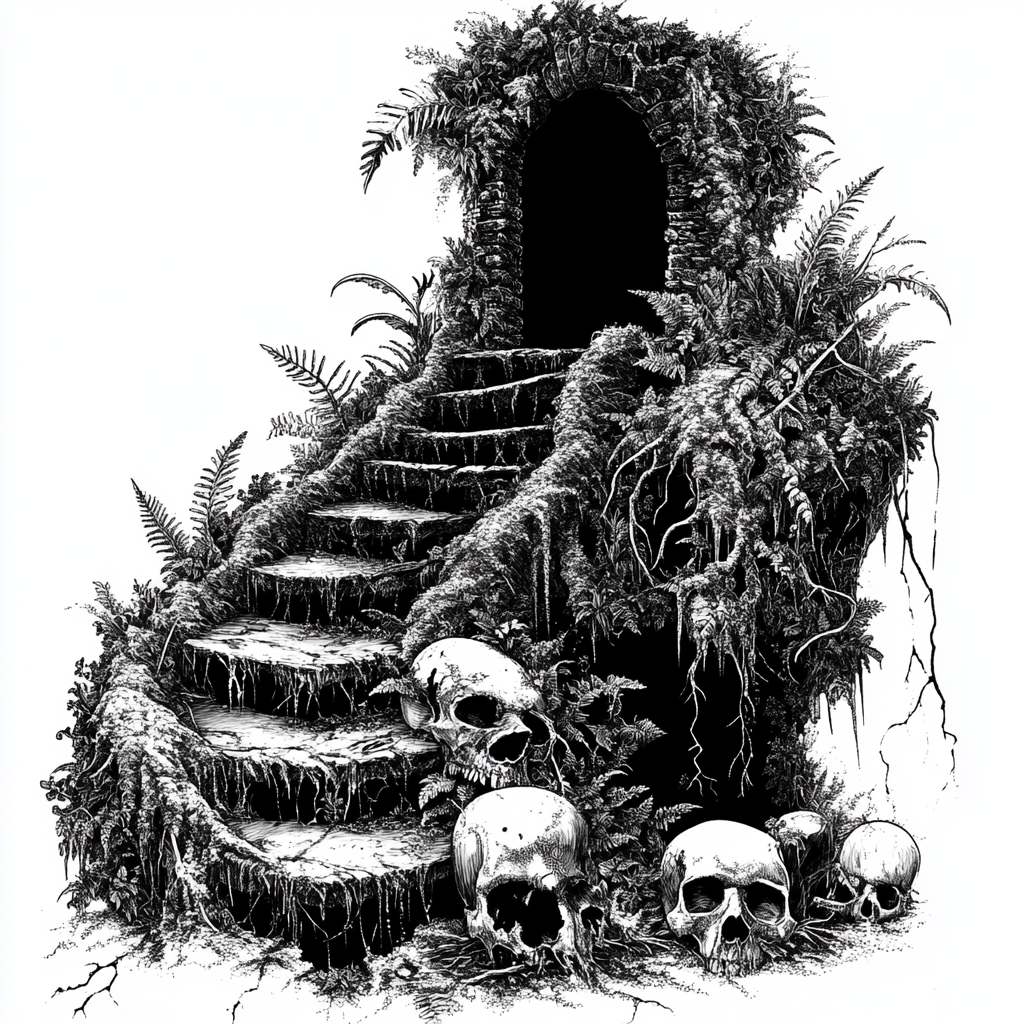 Mysterious door on winding stairs with roots and skulls.