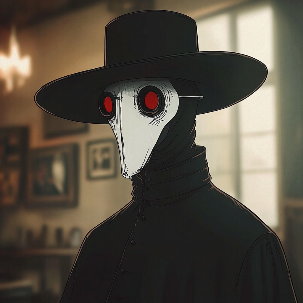 Mysterious figure in black with white mask and hat