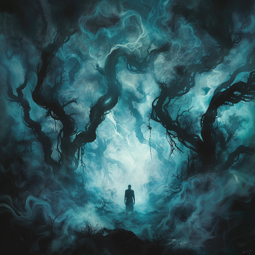 Mysterious figure in eerie landscape with twisted trees.