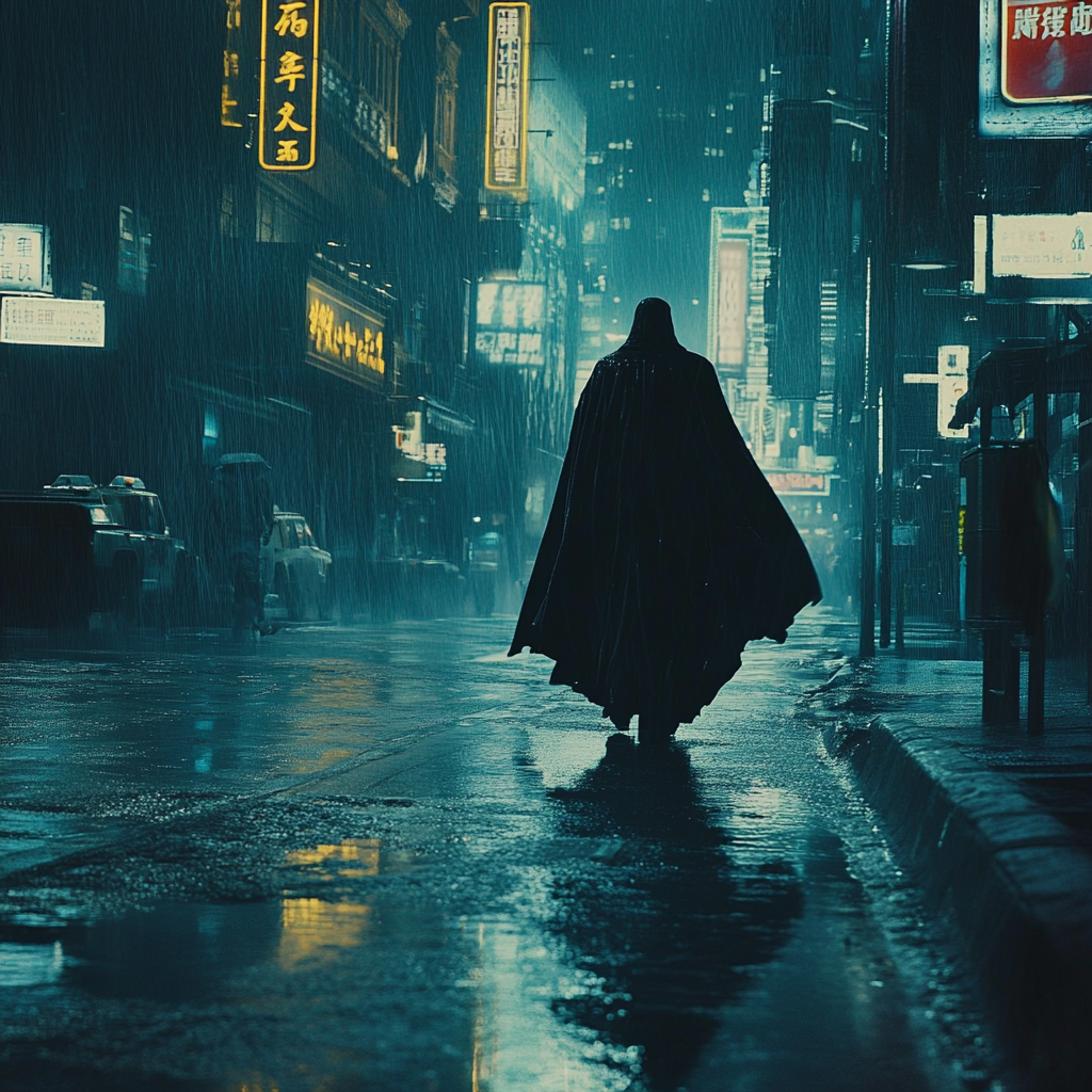 Mysterious figure in transparent cloak walking in city