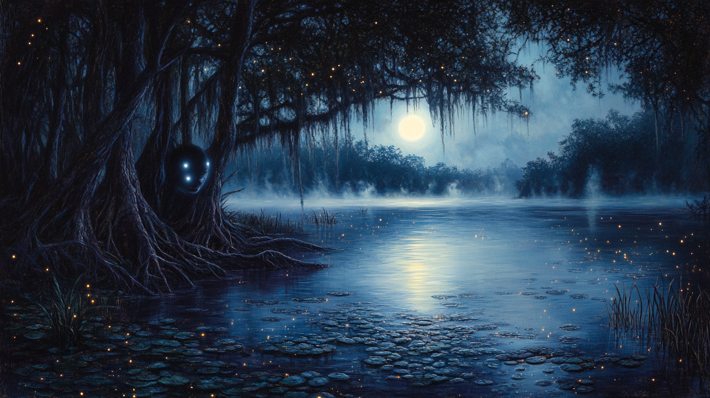 Mysterious figure watches from dark, misty jungle pond.