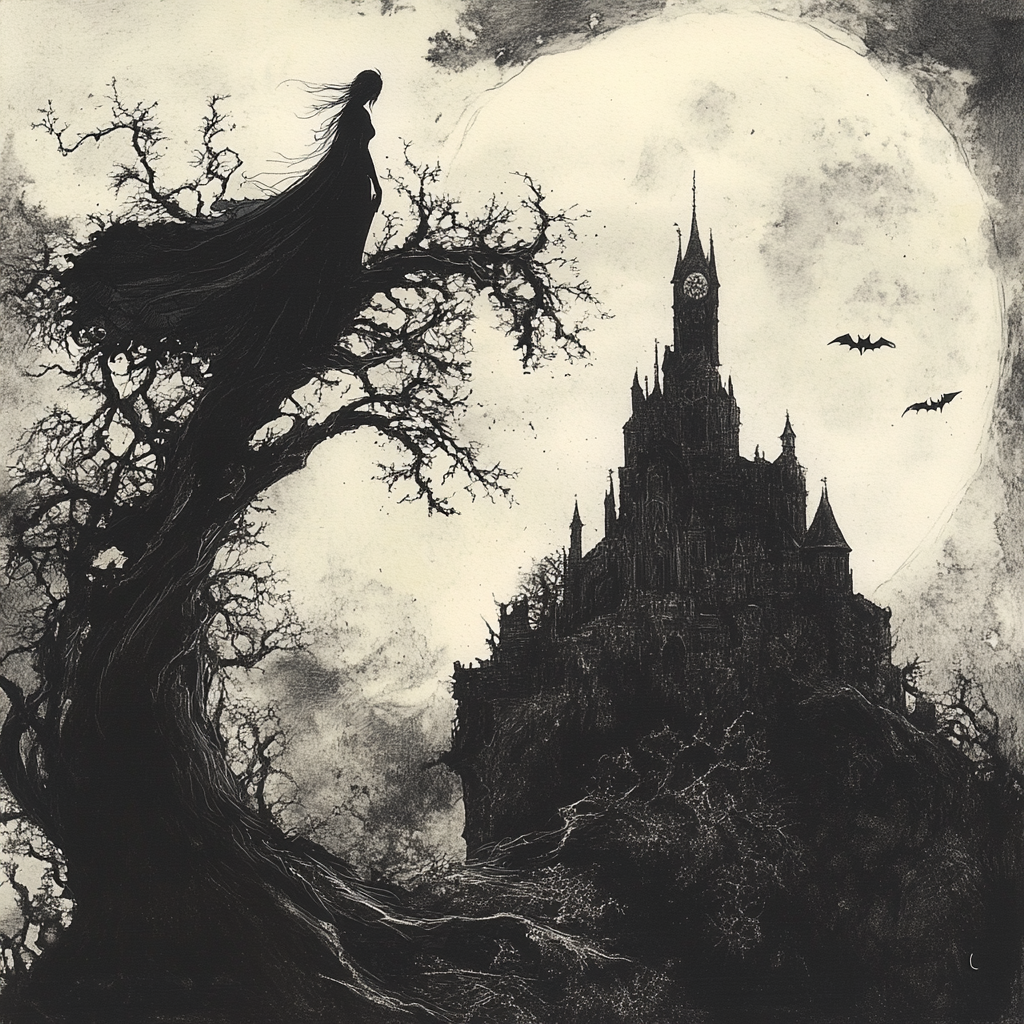 Mysterious figure with castle, bats, and eerie moon