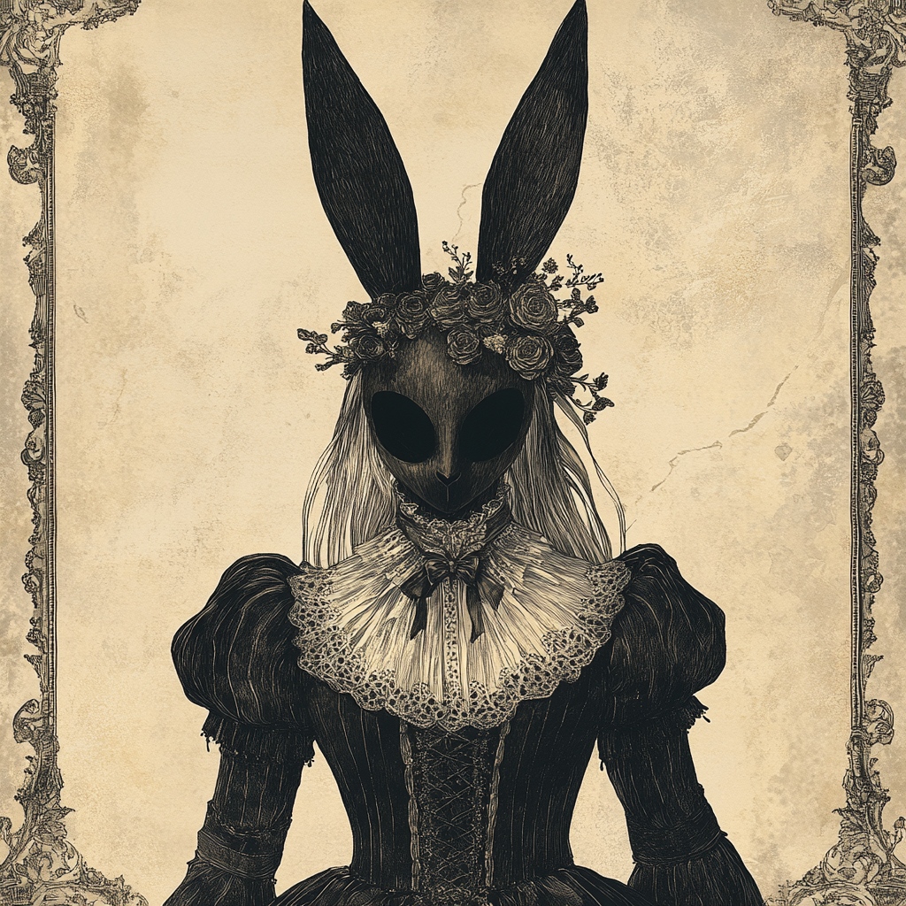 Mysterious gothic figure with rabbit ears in Victorian attire