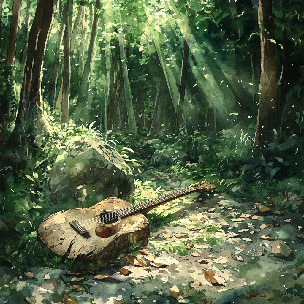 Mysterious guitar hidden in magical forest clearing