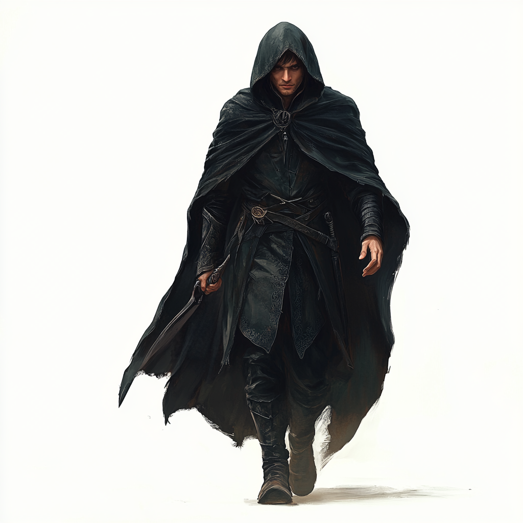 Mysterious male wood elf rogue in black cape