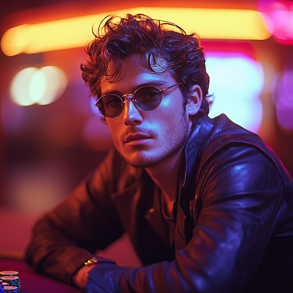 Mysterious man at calm poker table with sunglasses.