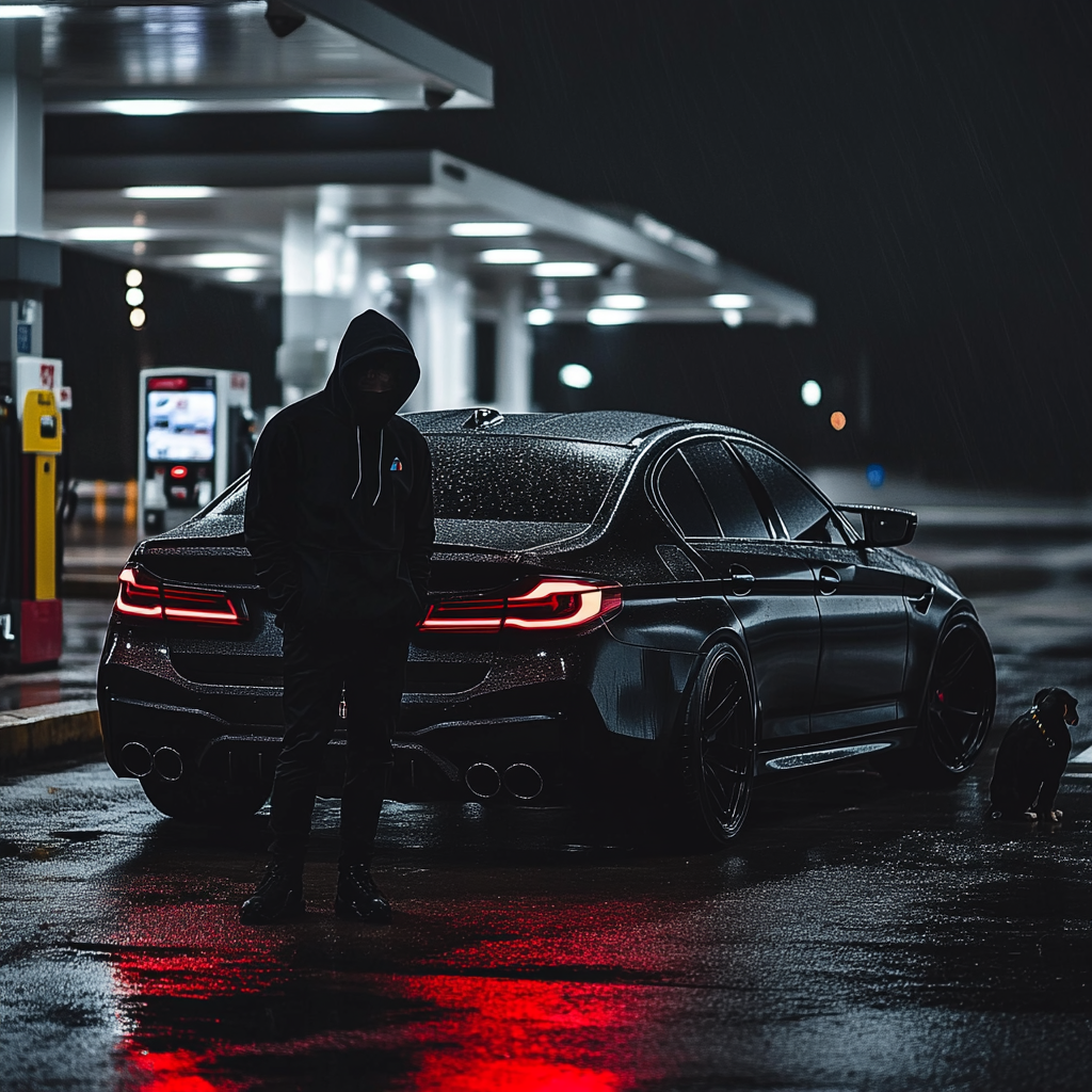 Mysterious man at gas station with black BMW