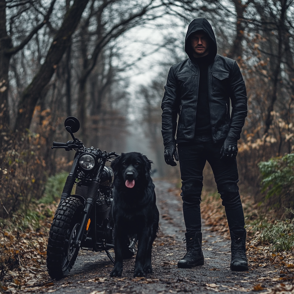 Mysterious man in black with dog and motorcycle