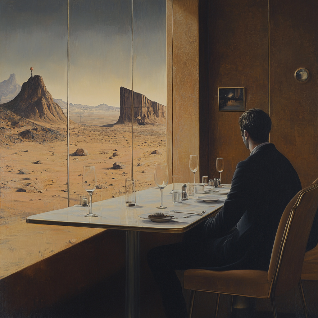 Mysterious man sits alone in desert diner window