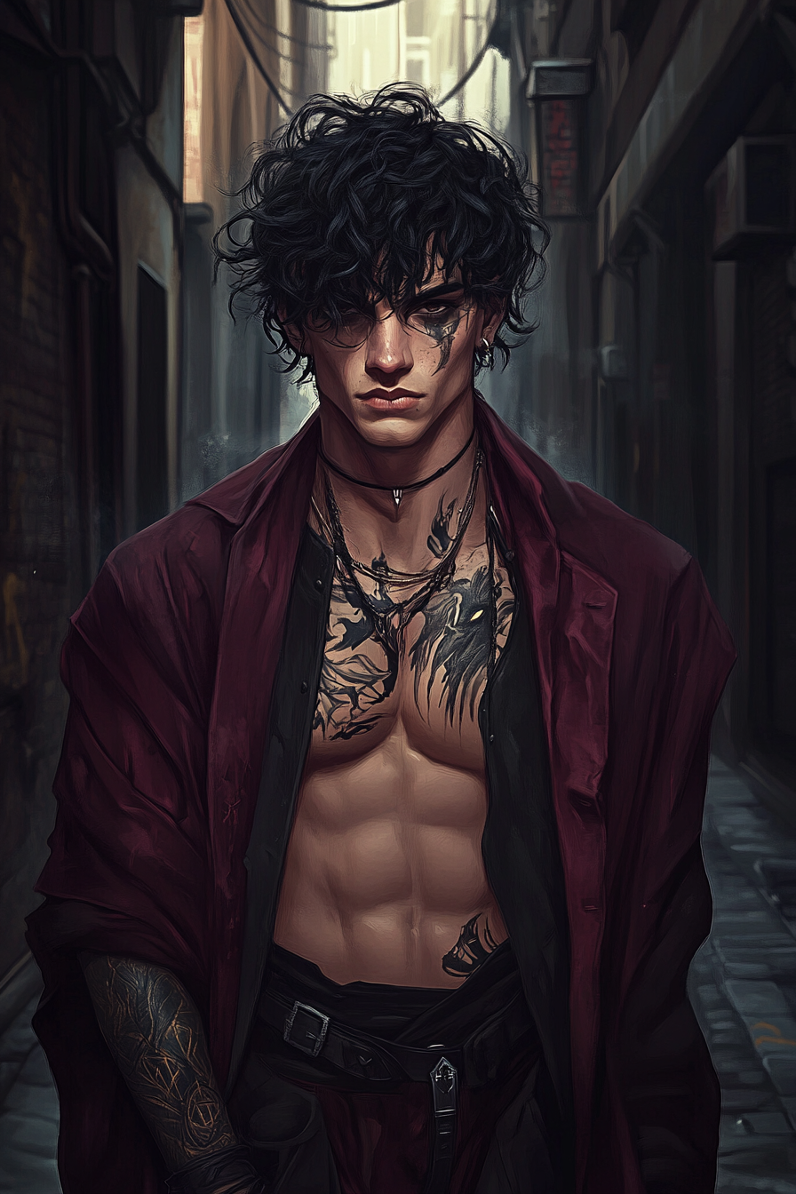 Mysterious man with tattoos in maroon clothing portrait.