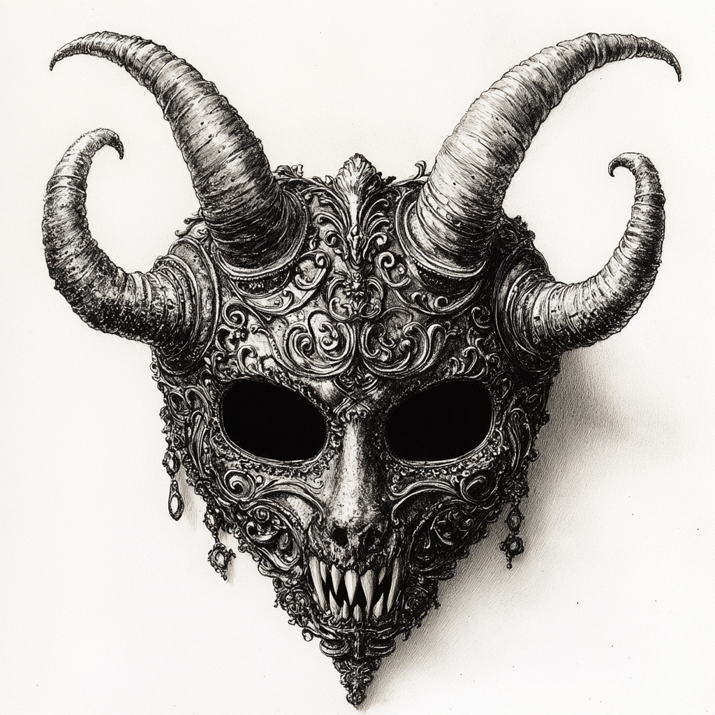 Mysterious mask with horns and teeth in intricate design.