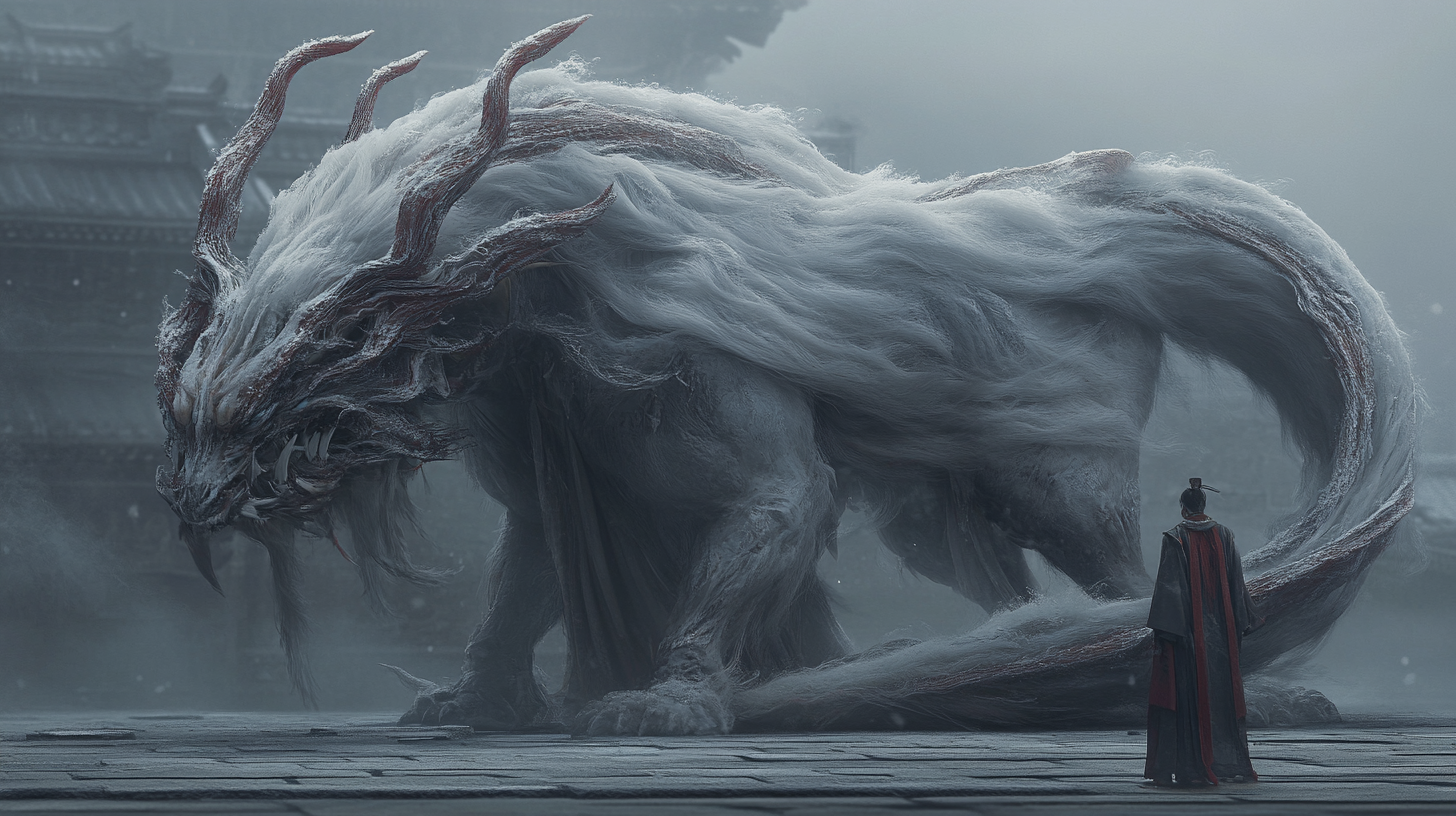 Mysterious mythical beast with nine tails and horns.