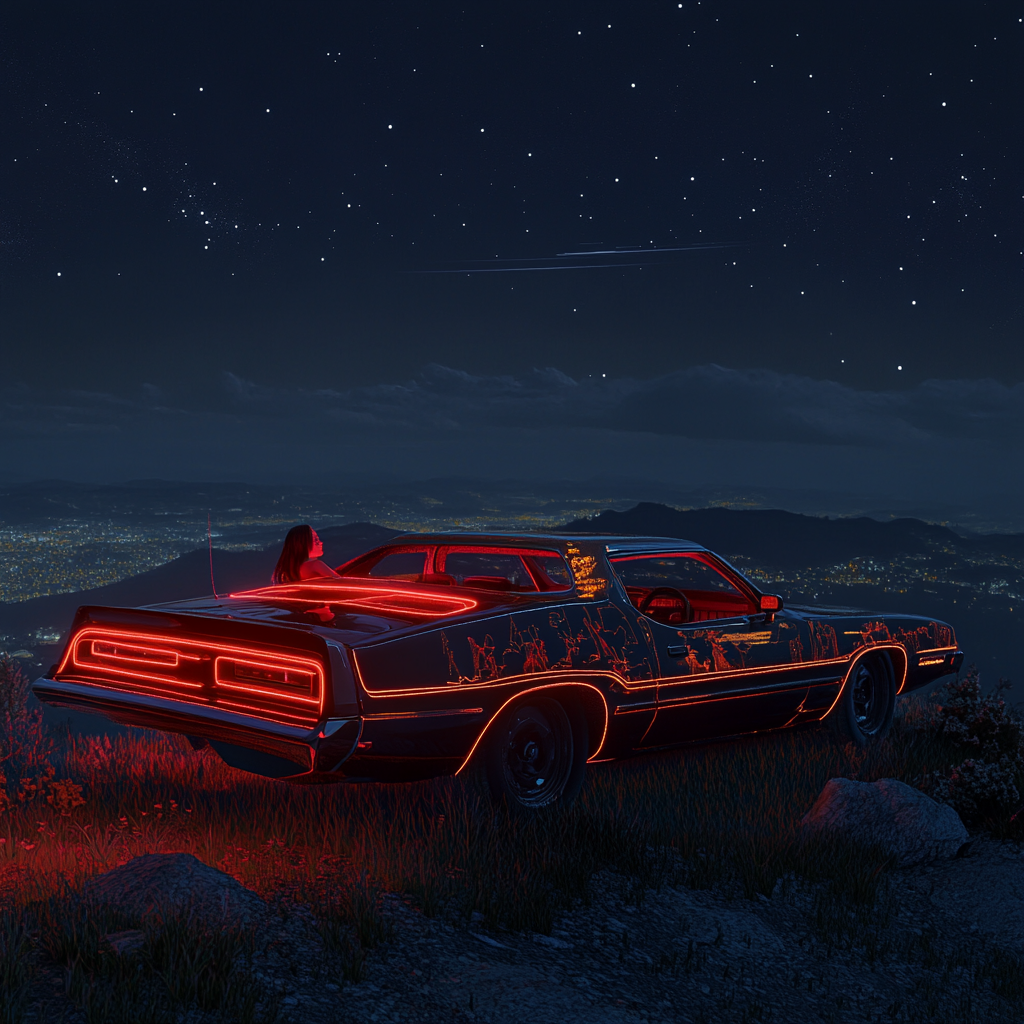 Mysterious night: Woman dreams on car top mountain.