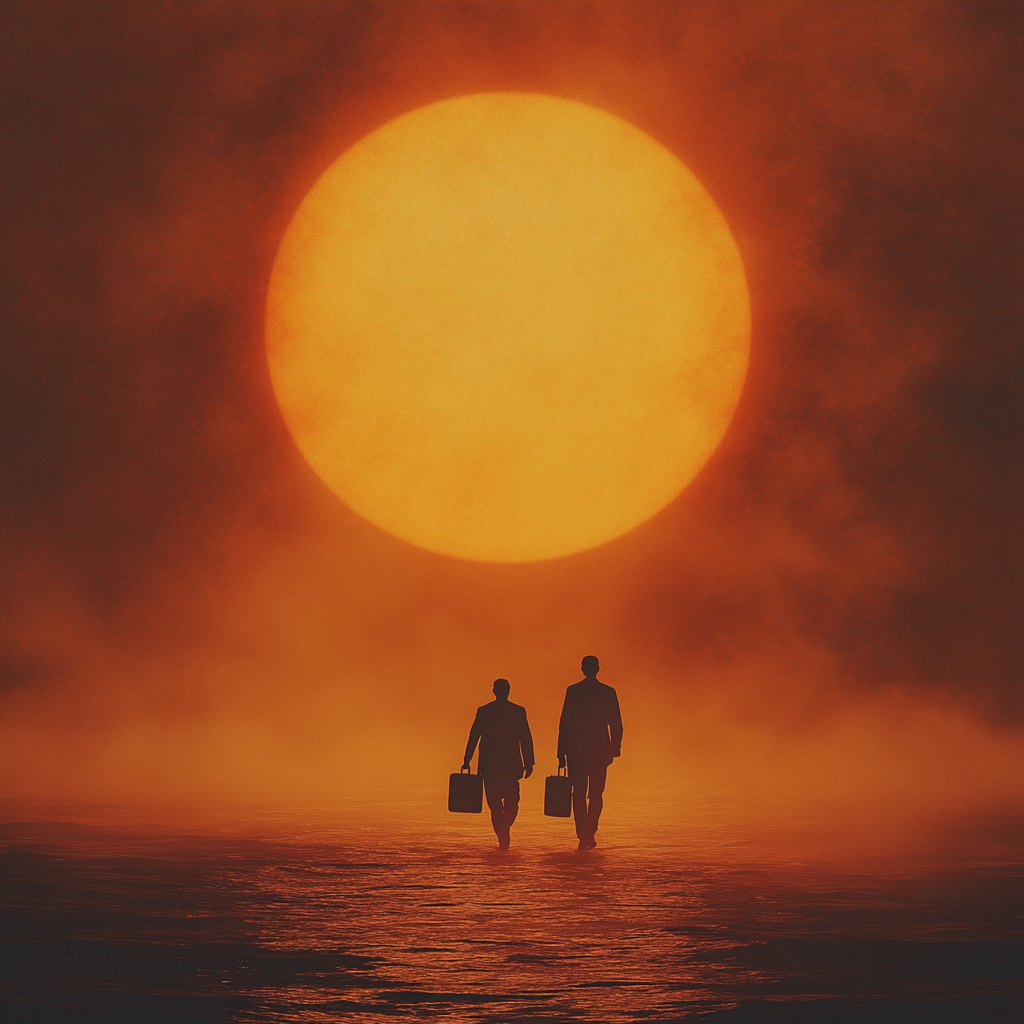 Mysterious ocean sunset with silhouetted figures walking.