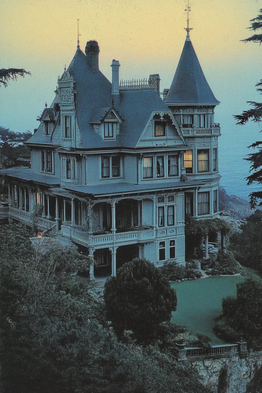 Mysterious old mansion on cliff by the sea.