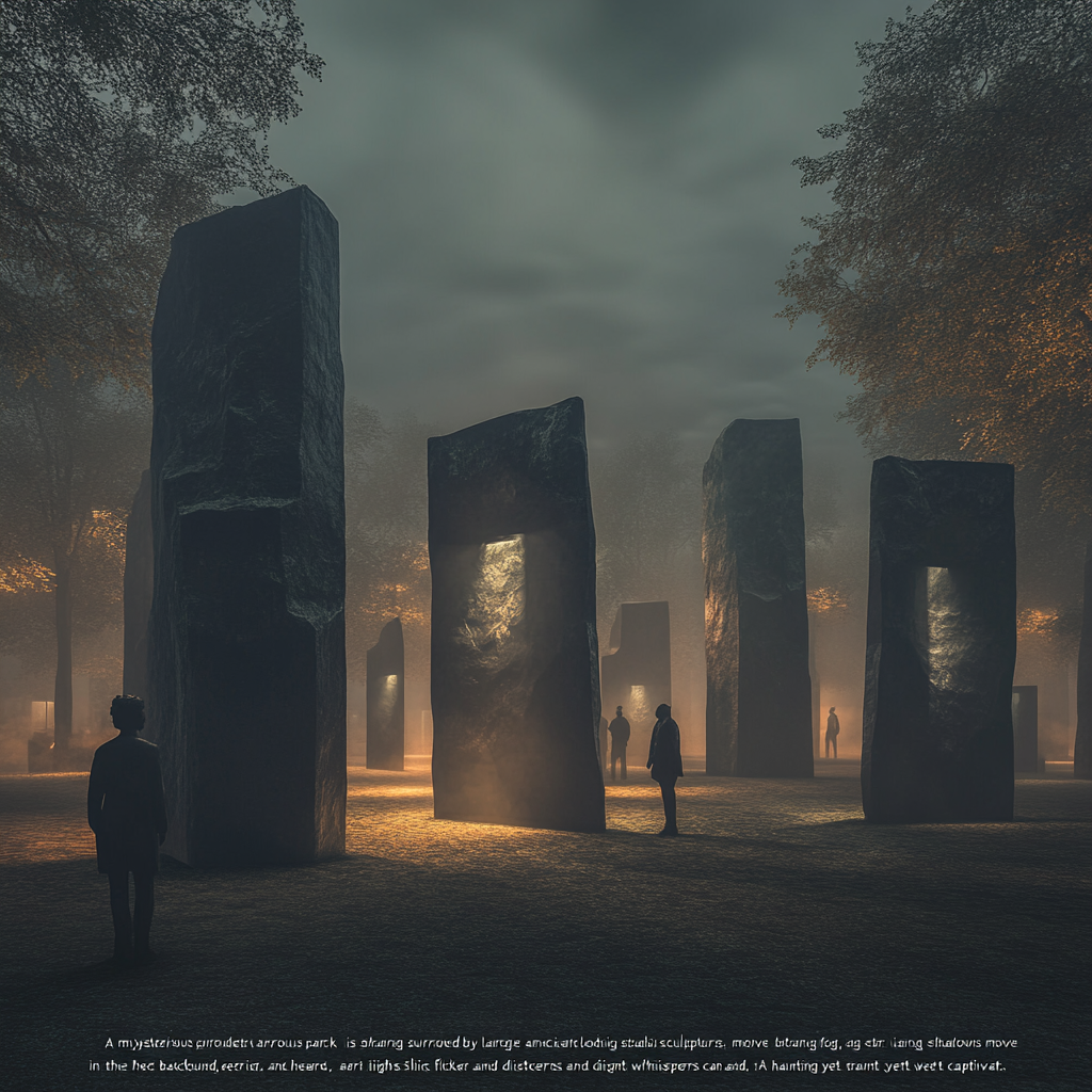 Mysterious park at night with ancient sculptures and fog.