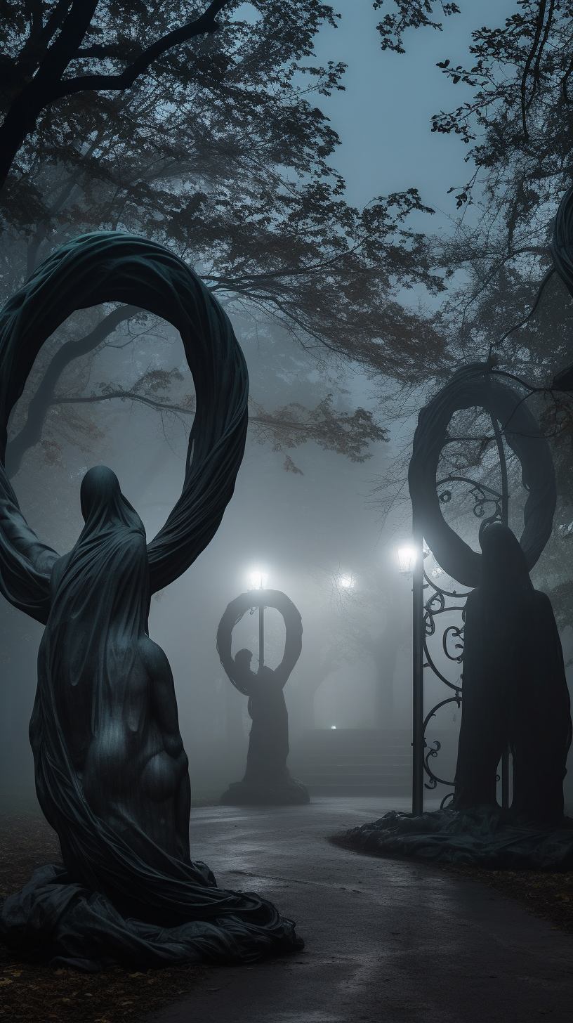 Mysterious park at night with ancient sculptures and ghosts.