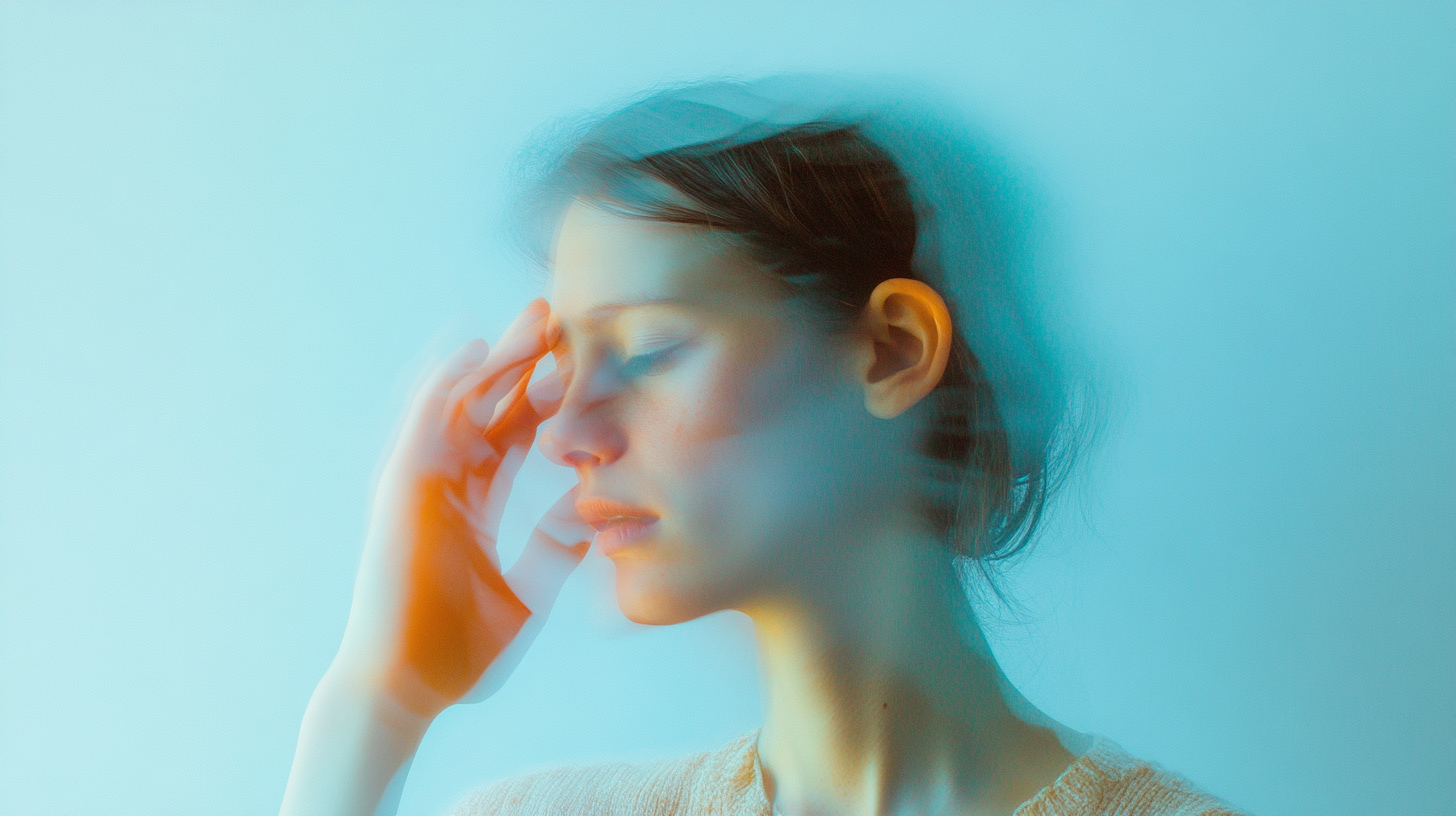 Mysterious person adjusting ear on light blue background.