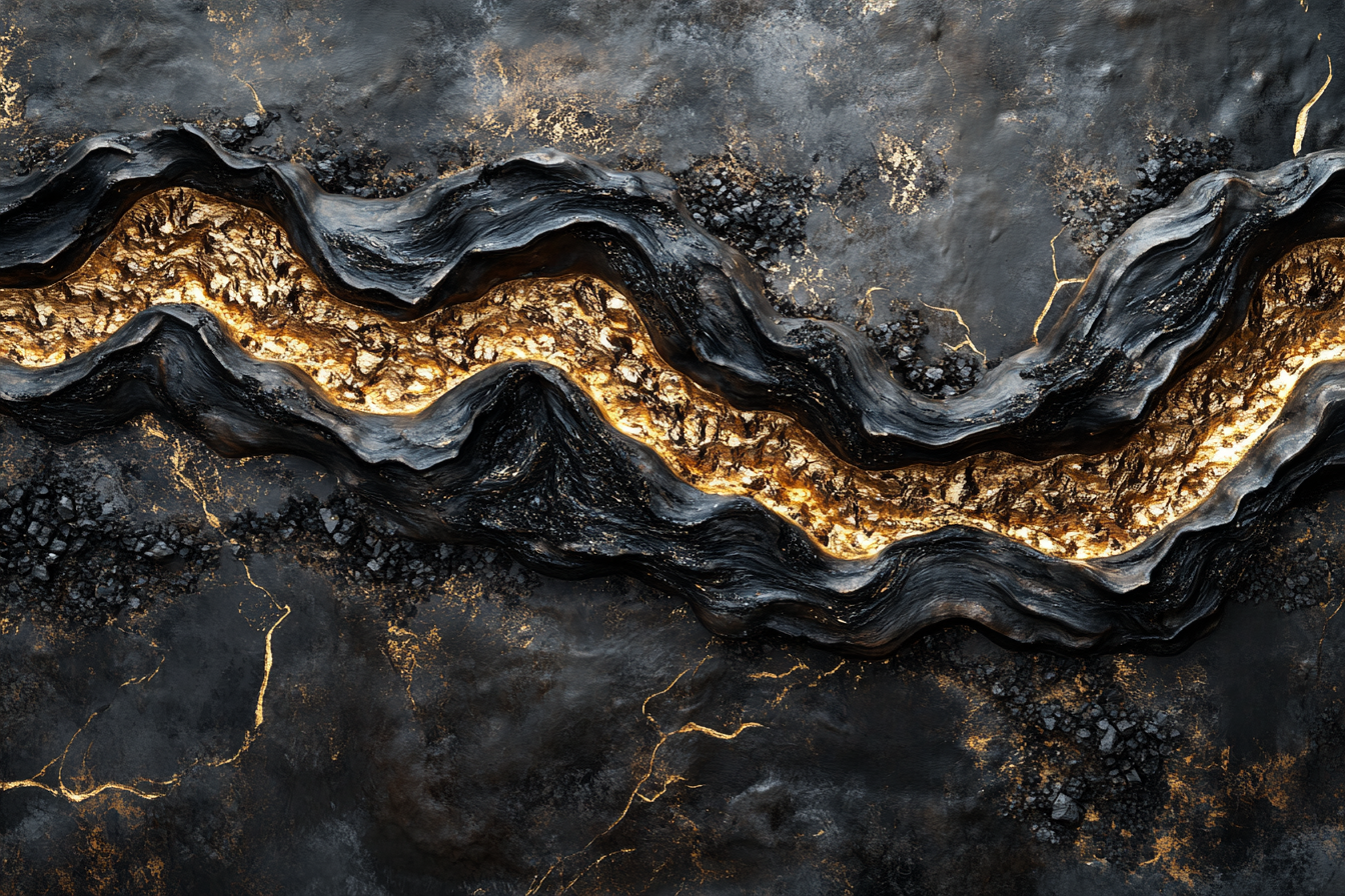 Mysterious river of golden lava on rocky surface