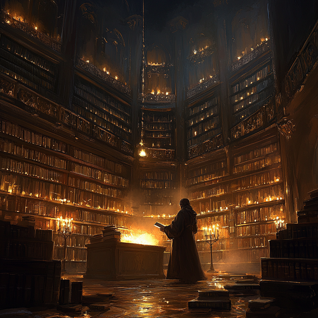 Mysterious scholar in ancient library with glowing book