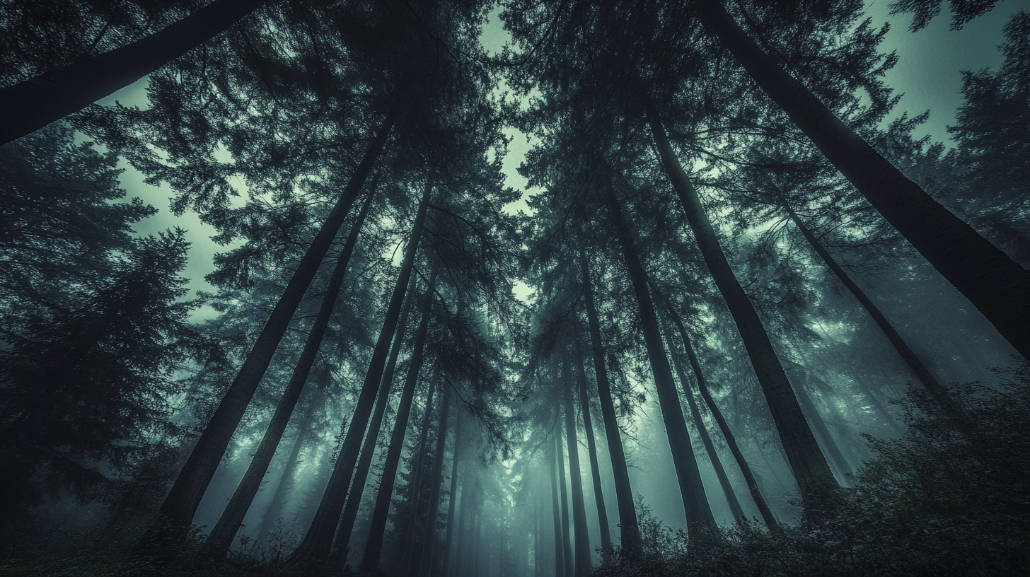 Mysterious tree cathedral with towering backlit trees in shadowy colors.