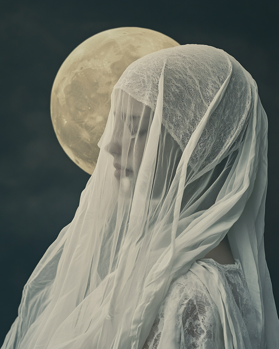 Mysterious woman in moonlight with veil, full moon.