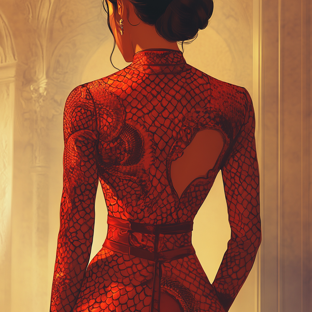 Mysterious woman in red snake-patterned outfit standing proudly