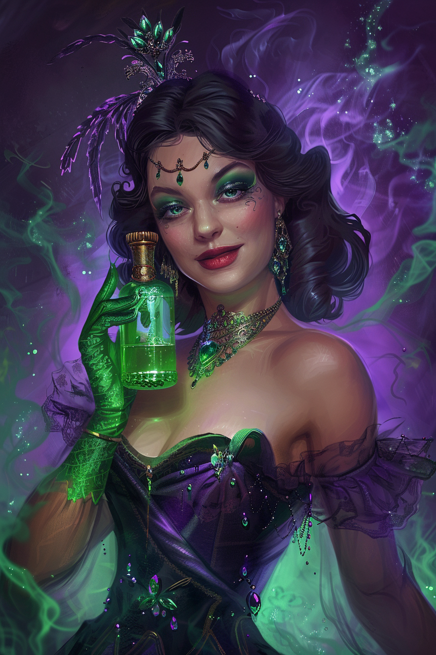 Mysterious woman in sparkling attire holds green potion