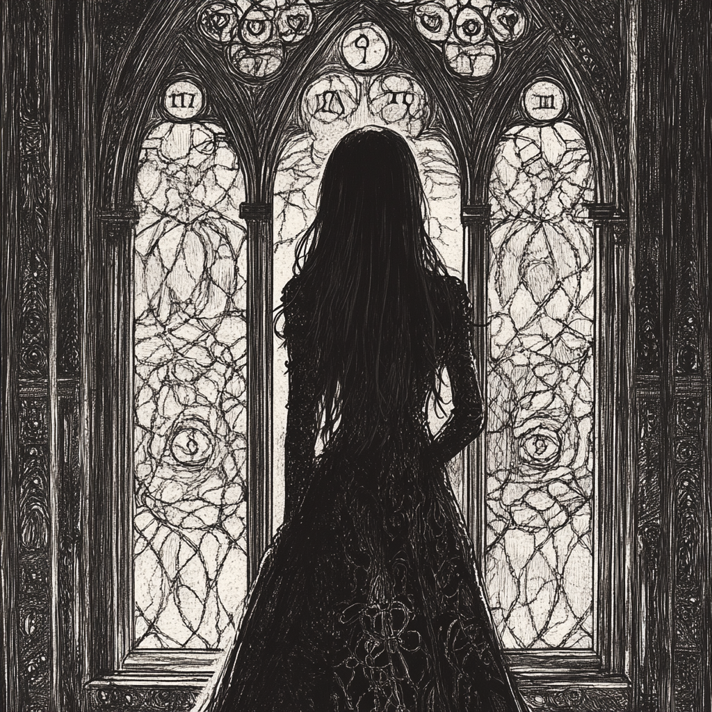 Mysterious woman stands by grand gothic window art.