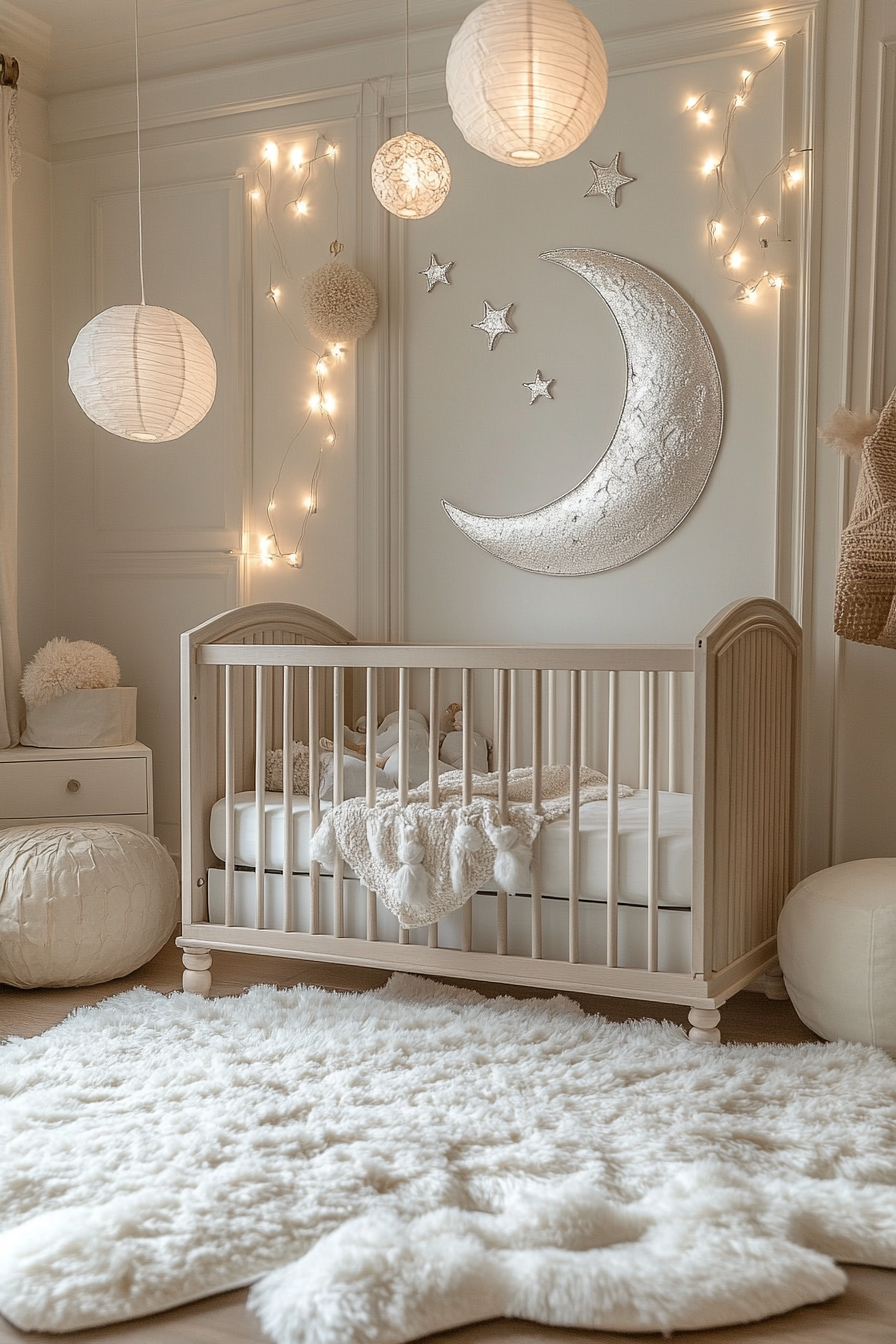 Mystic Moonbeam-themed nursery with moon-inspired decor, peaceful atmosphere.