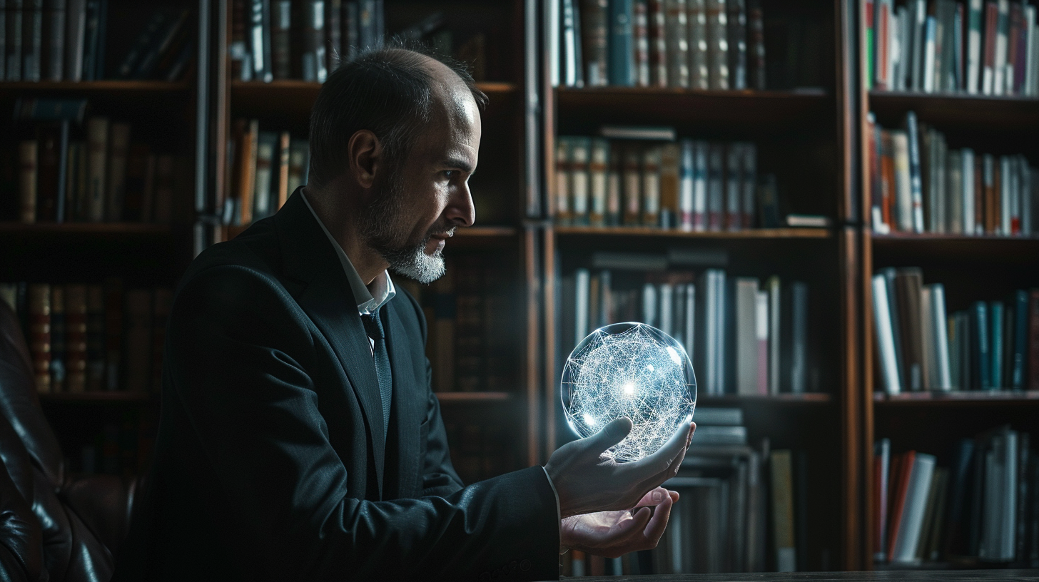 Mystic in black suit gazes into glowing light ball.