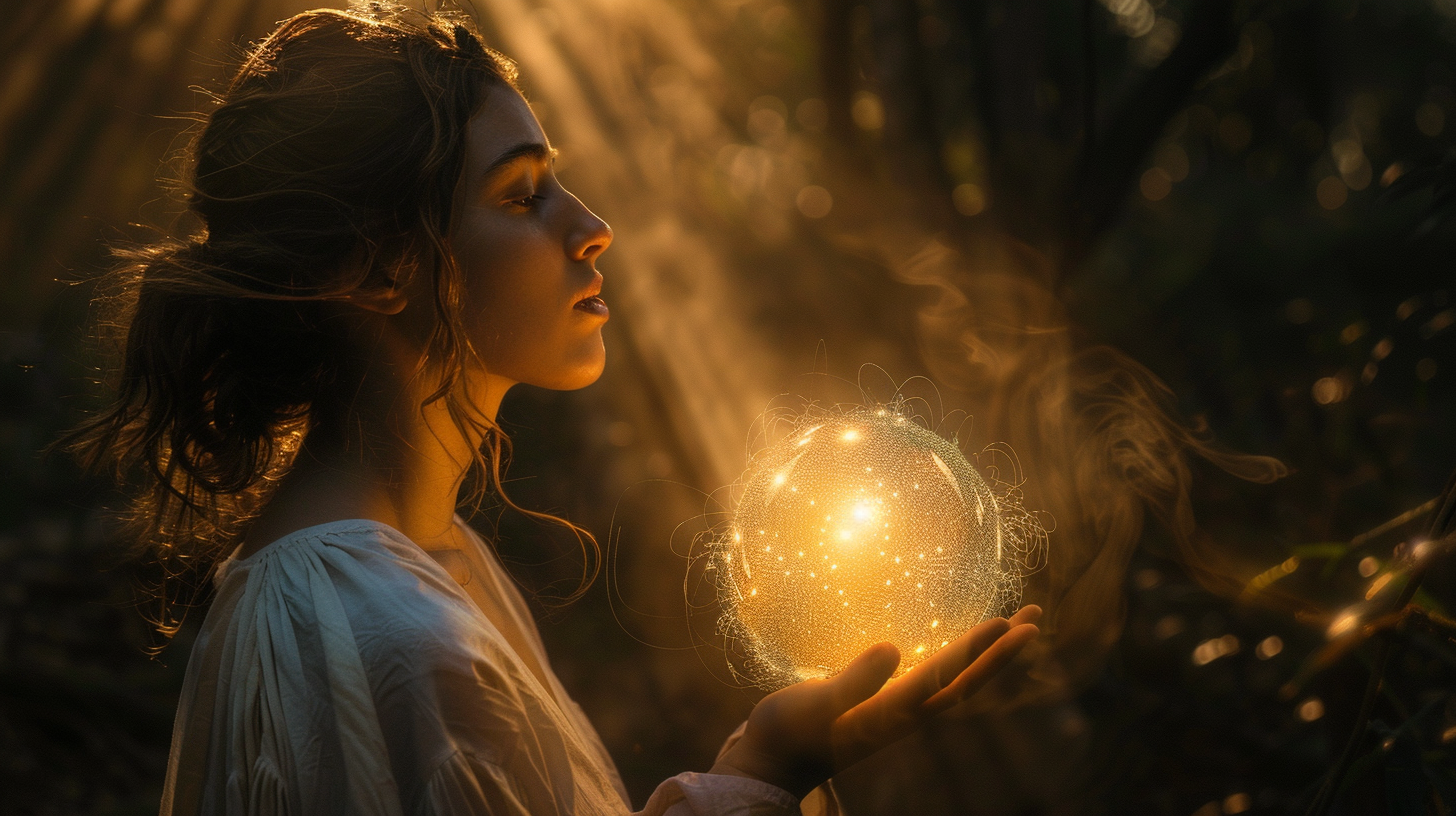 Mystic in flowing robes holds glowing ball of light.