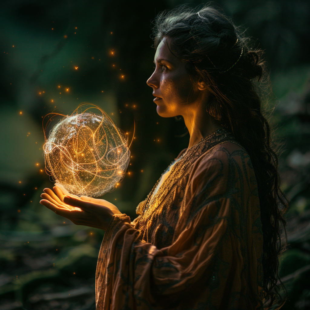 Mystic in robes holds glowing orb of light closely.