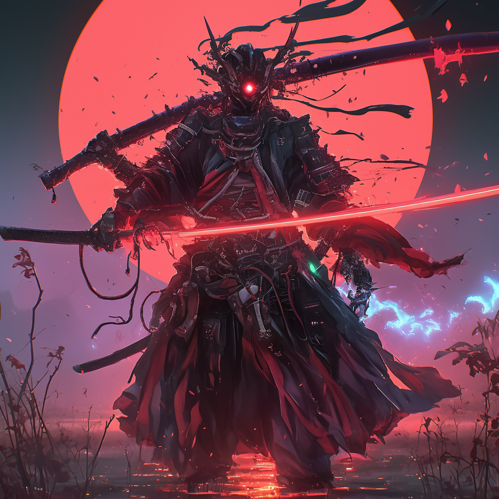 Mystic samurai with katana, anime style, high fantasy.