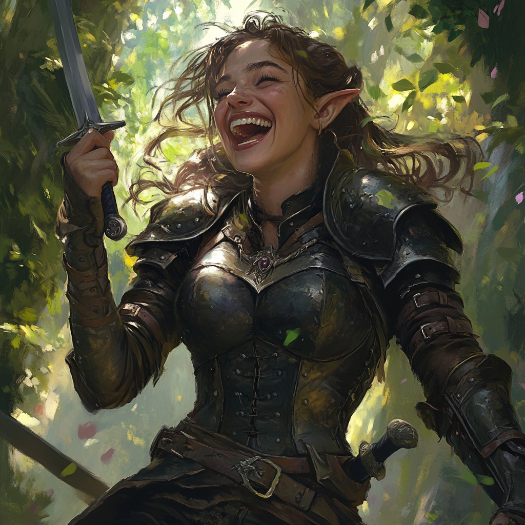 Mystical DND Character Art: Fey Female Laughing & Fighting 