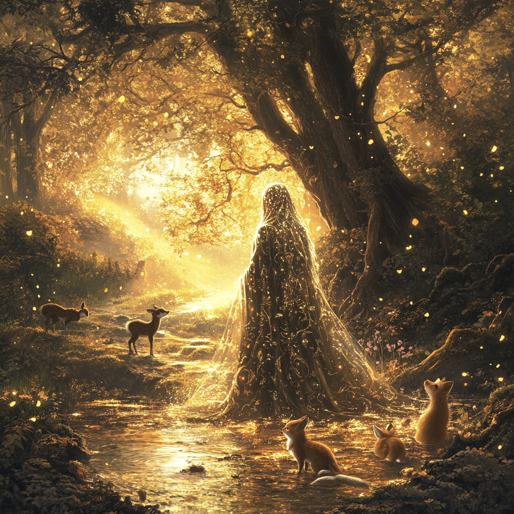 Mystical Figure with Woodland Creatures in Enchanted Clearing