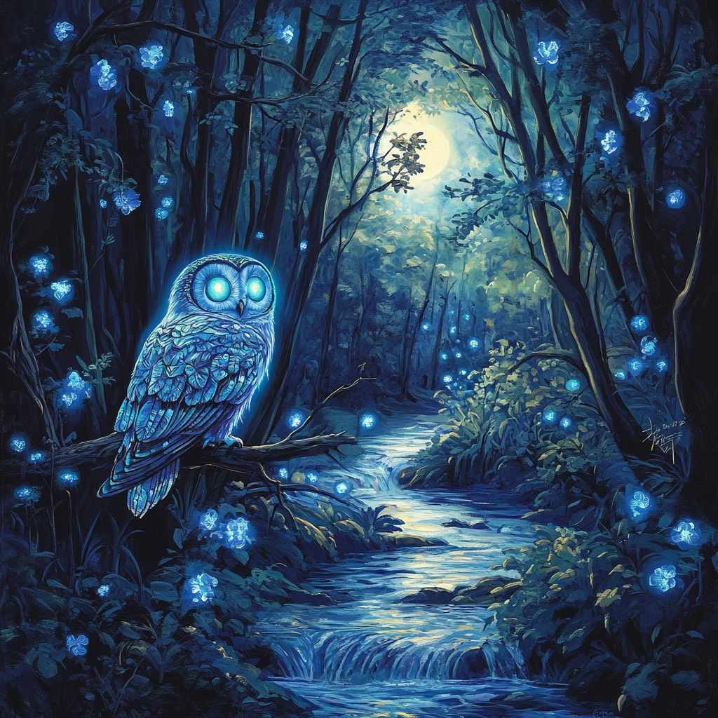 Mystical Glowing Owl in Bioluminescent Twilight Forest